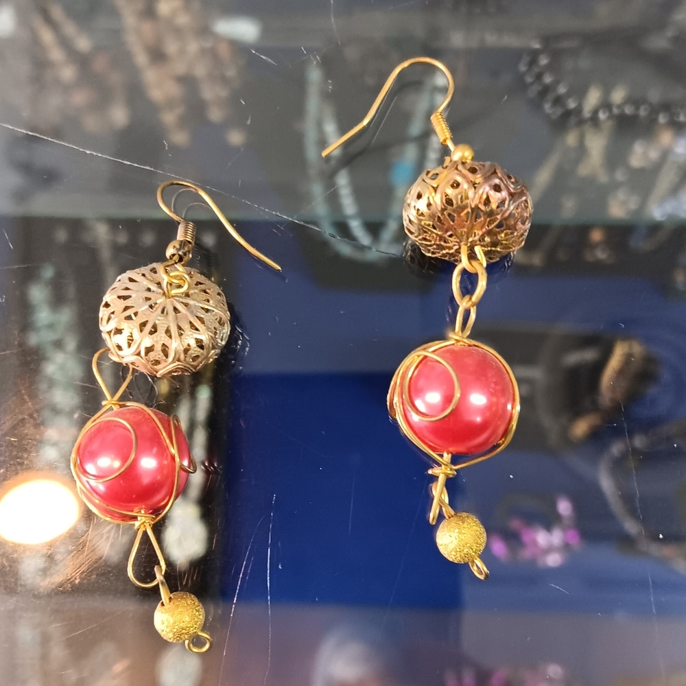Elegant Gold and Red Dangle Earrings